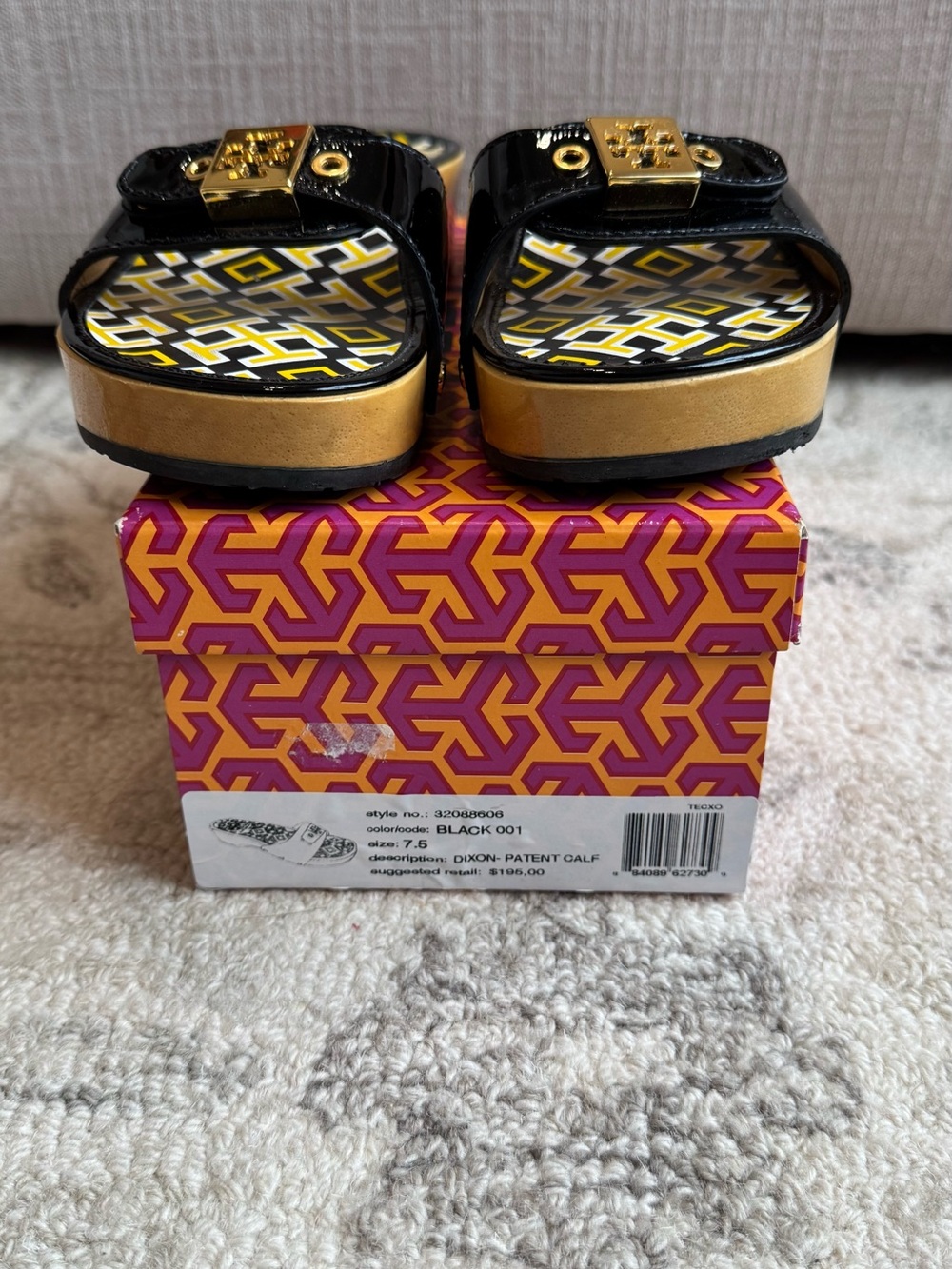 EUC Tory Burch Dixon Black Patent Wood Platform Sandal - Picture 2 of 11